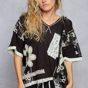 072POL Patchwork Hoodie Short Sleeve Black NEW Size Large